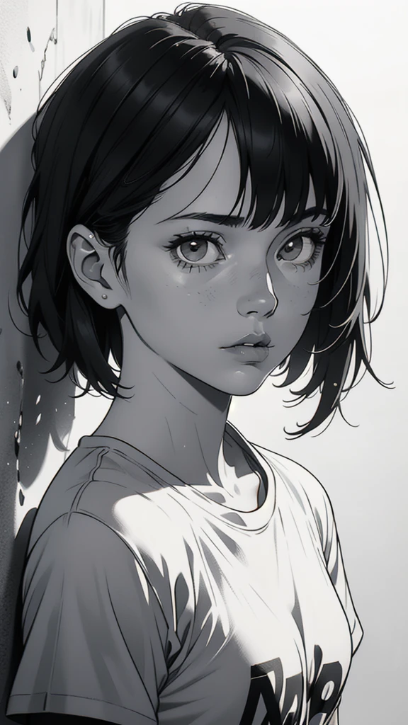 1 boyish girl, solo, sharp eyes, monochrome, greyscale, short black hair, portrait, white T-shirt, closed mouth, looking at viewer, graphite \(medium\), detailed lips, hatching \(texture\), without makeup, bangs, upper body, (best illustration), (best quality), (very detailed), (masterpiece), expressionless,