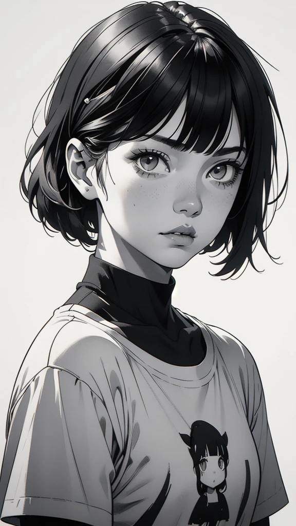 1 boyish girl, solo, sharp eyes, monochrome, greyscale, short black hair, portrait, white T-shirt, closed mouth, looking at viewer, graphite \(medium\), detailed lips, hatching \(texture\), without makeup, bangs, upper body, (best illustration), (best quality), (very detailed), (masterpiece), expressionless,