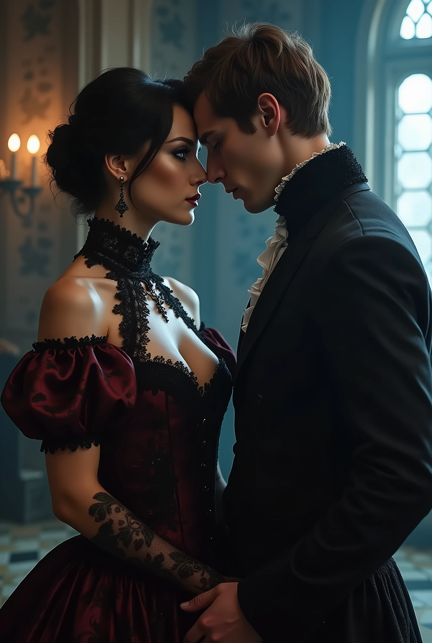 ((photograph)), black hair updo goth girl, blackout eyeshadow, 30 year elegant woman, pale skin, high collar renaissance maroon black chinoiserie dress, black lips, chains, bright blue eyes, buxom, upper torso, BREAK, handsome man, black white medieval lace suit asking her to dance, background medieval castle ballroom, dark, dim, night, moonlight