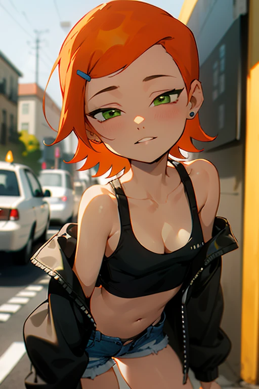 (masterpiece), Best Quality, ultra detailed, 1 girl (Gwendolyn_Tennyson,  old, Orange hair,  short hair, green eyes, half closed eyes), a seductive face,  evil smile, Chapped lips,  in front of the viewer, looking at the viewer, Alone, black jacket, leather jacket,naked, un hombro naked,  white tank_above, neckline, belly button,  denim shorts, outdoor, Street,  standing, Sexy waist teasing , A provocative pose 