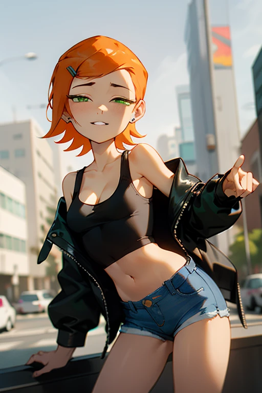 (Masterpiece), Best Quality, ultra-detailed, 1girl (Gwendolyn_Tennyson, breasts, orange hair, short hair, green eyes, half-closed eyes), a seductive face, wicked smile, parted lips, facing viewer, looking at viewer, solo, black jacket, leather jacket,undress, bare one
shoulder, white tank_top, cleavage, navel, denim short shorts, outdoors, street, standing, Sexy waist teasing , a provocative pose