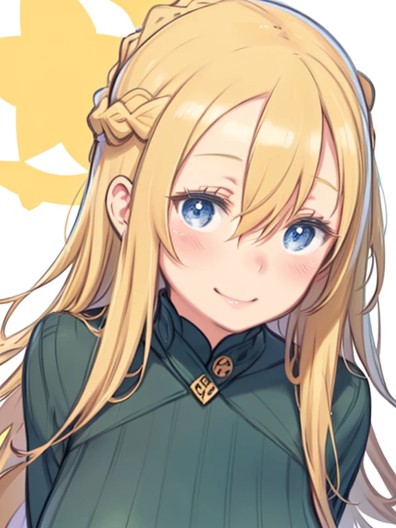 One Woman、Upper Body、Angle from the front、Front view、Accurate hand drawing、Smiling、blush、Blonde Hair、long hair、Hair between the eyes、Braid、Blue Eyes、Big Breasts、Rub cheeks with a realistic cat、Holding a cat、Wink、Turtleneck sweater、Green clothes、