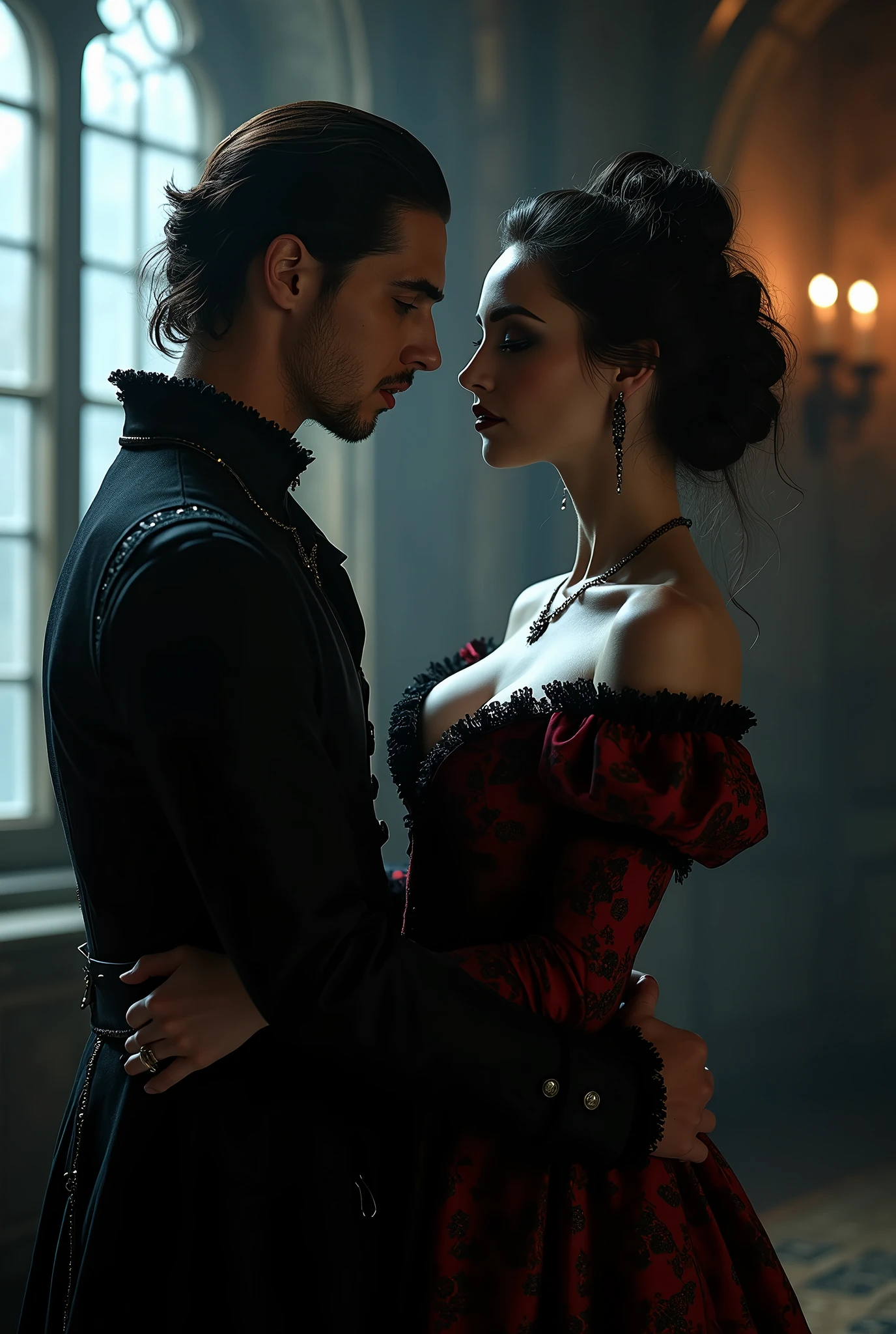 ((photograph)), black hair updo goth girl, blackout eyeshadow, 30 year elegant woman, pale skin, high collar renaissance maroon black chinoiserie dress, black lips, chains, bright blue eyes, buxom, upper torso, BREAK, handsome man, black white medieval lace suit asking her to dance, background medieval castle ballroom, dark, dim, night, moonlight
