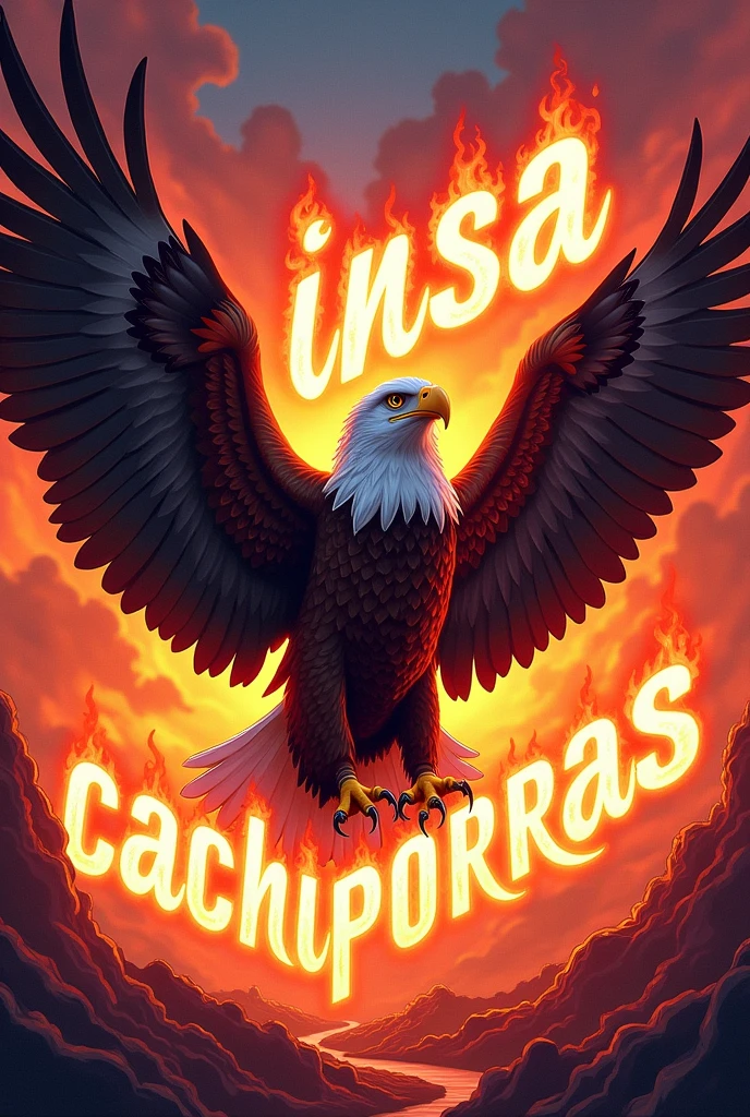 A bald eagle below with the letters INSA CACHIPORRAS in letters like fire in vibrant colors 