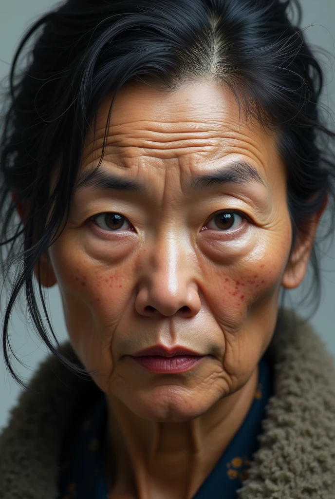 Older woman with dark hair, Asian feminine face, face with freckles on the right cheek, dark eyebrows, fierce face