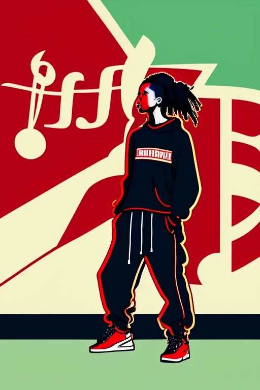 A background filled with scattered musical notes in various sizes and colors、
Creative logo illustration of a silhouette with dreadlocks and red headphones,
Banksy、
A background completely filled with scattered musical notes in various sizes and colors, covering the entire screen.
singer、microphone、Japanese、
beautiful girl colorful image
Dance hiphop Dance CREW Waacking Dance
Punking
black medium hair black medium hair
Five fingers Baggy clothes Baggy clothes
HIPHOP crew、
the Japanese flag, background,patriotic,minimal,simple,bold colors,graphic,flat design,clean