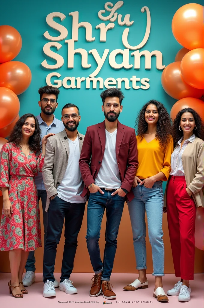Make A advertisment photo in hindi language to share on social media ads of my new garments shop opening named "Shri shyam Garments" where I will sell all clothes for mens, women's,kids and footwear too , include "Shri shyam Garments" as the shop name