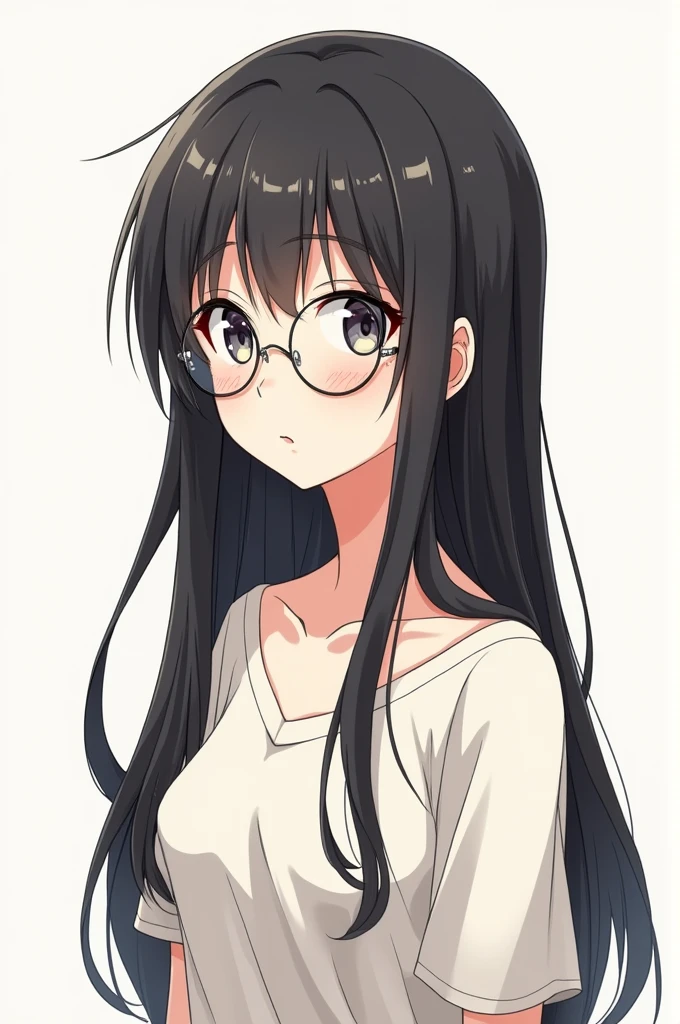 Freehand drawn anime girl with long but not too long hair and round glasses. Full body and black hair without bangs