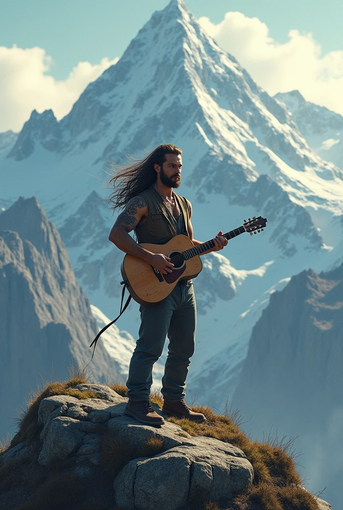 A man on mountain with long hair hold a guitar