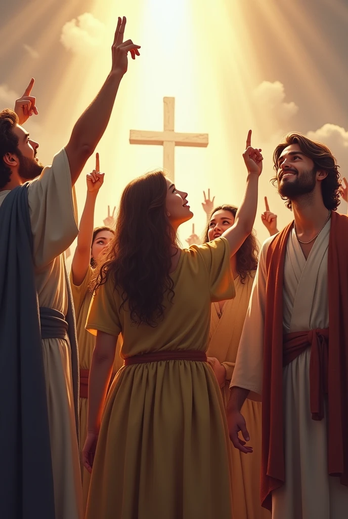 Young Christians pointing their fingers to the sky