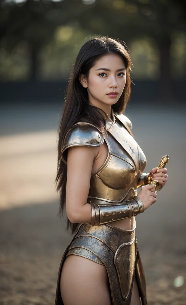 (colored picture), Photo realistic of beautiful asian,((A beautiful girl in the guise of an ancient warrior, adorned with powerful armor, holds a radiant weapon in her hand, creating a strong and captivating image. The scene is set in an arena with a large audience, captured in high-quality photography.",  As she confidently posing for camera, , the background is a blur of motion and ((bokeh)), with light streaming from right to left. a sense of connection to the viewer, full body.