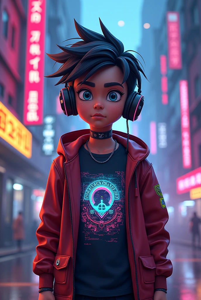 Cyberpunk style animated boy named AROFFI on his t-shirt listening to music


