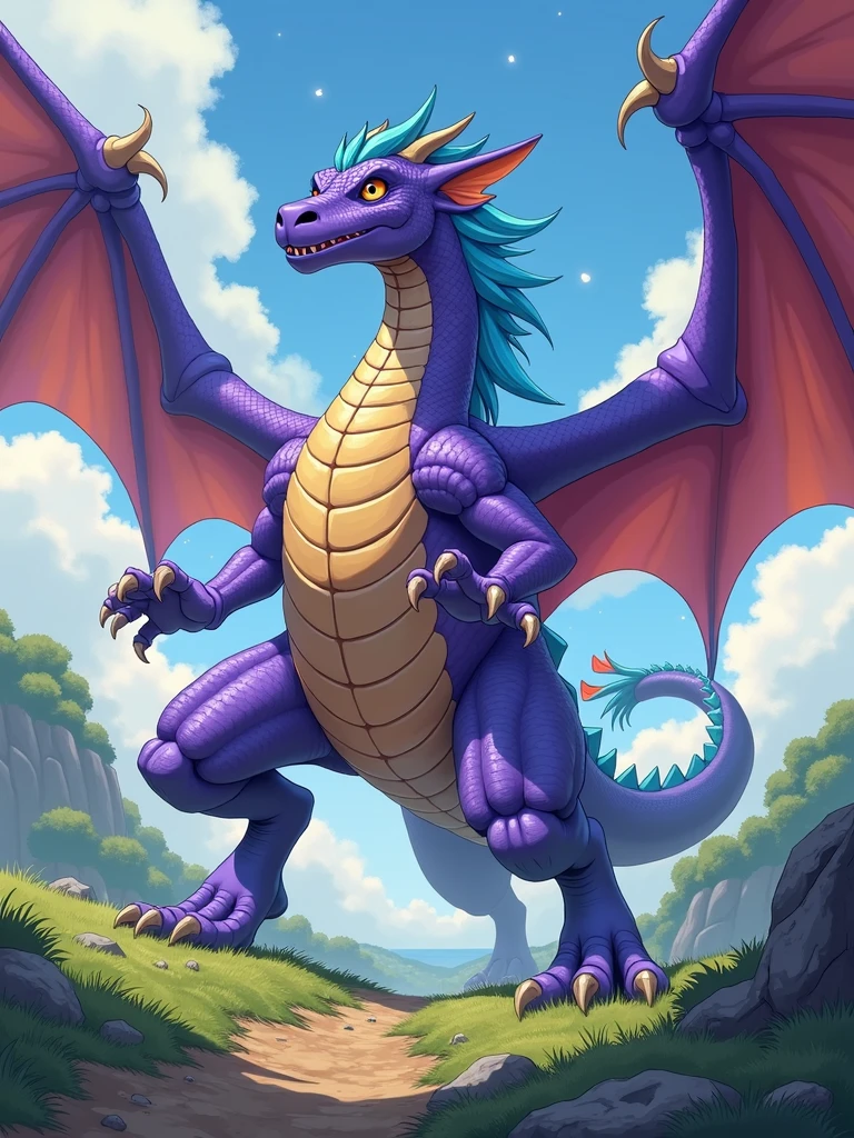 anthro rampage, huge , purple dragon with wings and a very tan chest and has light blue hair on his head, ANALOGOUS palette illustration, hand-drawn, bold linework, anthro illustration, cel shaded, 4k, fine details, masterpiece, natural beauty