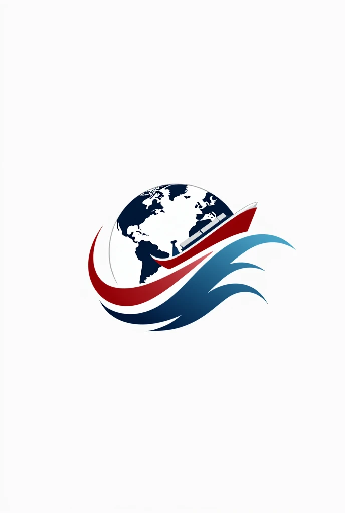draw me import export company logo, Earth logo, has water flowing through, cargo ship on the water, arrow around the earth, main colors white red, professional creative style