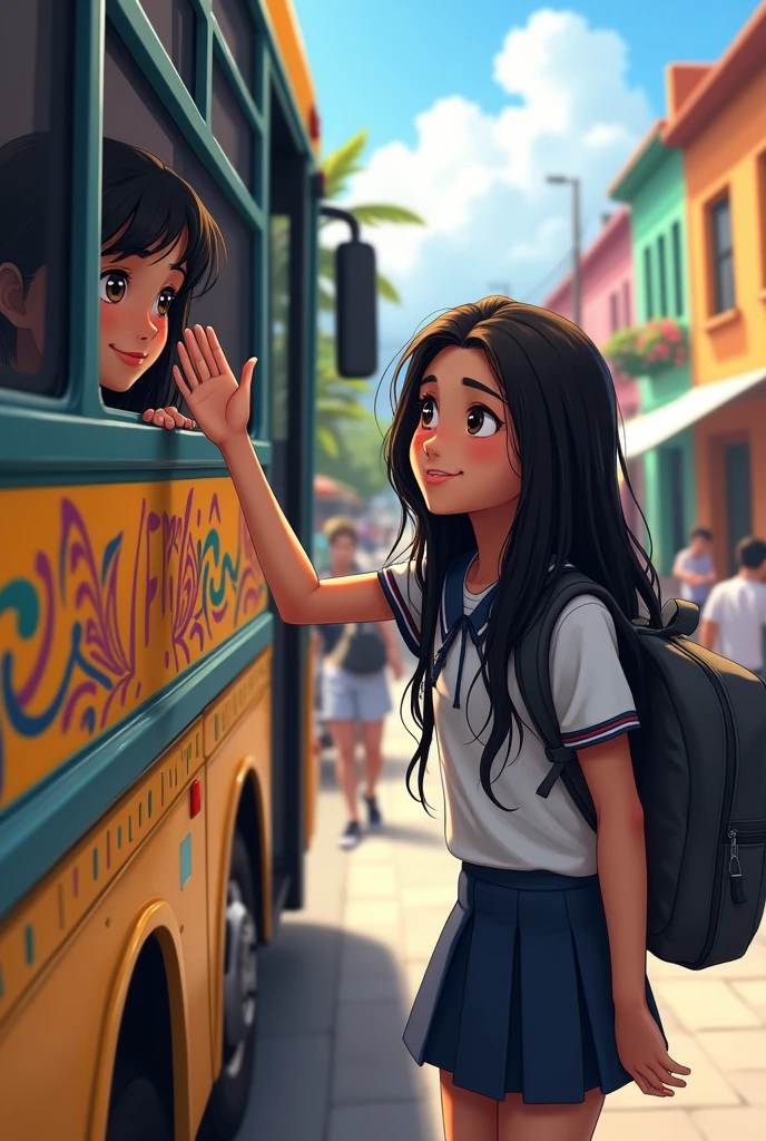 Young Peruvian female student getting off the bus and saying goodbye to the Peruvian student who is still sitting on the bus

