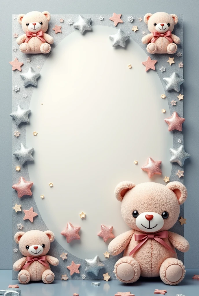 Create a cute notebook cover, with teddy bears and some stars, use silver as the predominant color and colors that match. But without using 3D