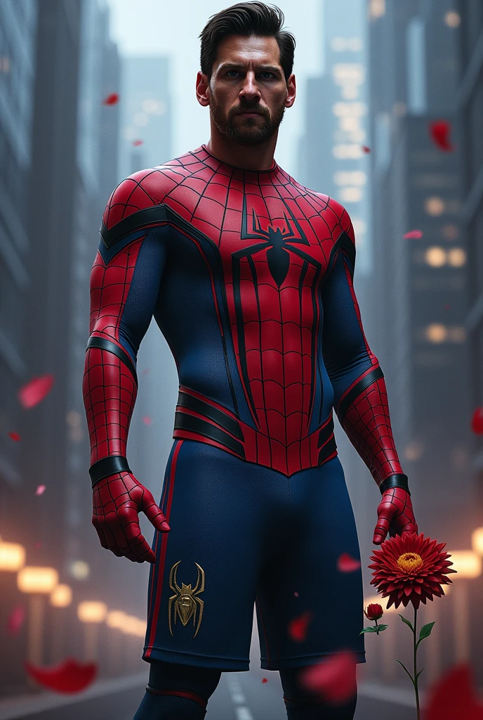 Leonel Messi dressed as Spiderman without a mask and with a flower in his hand