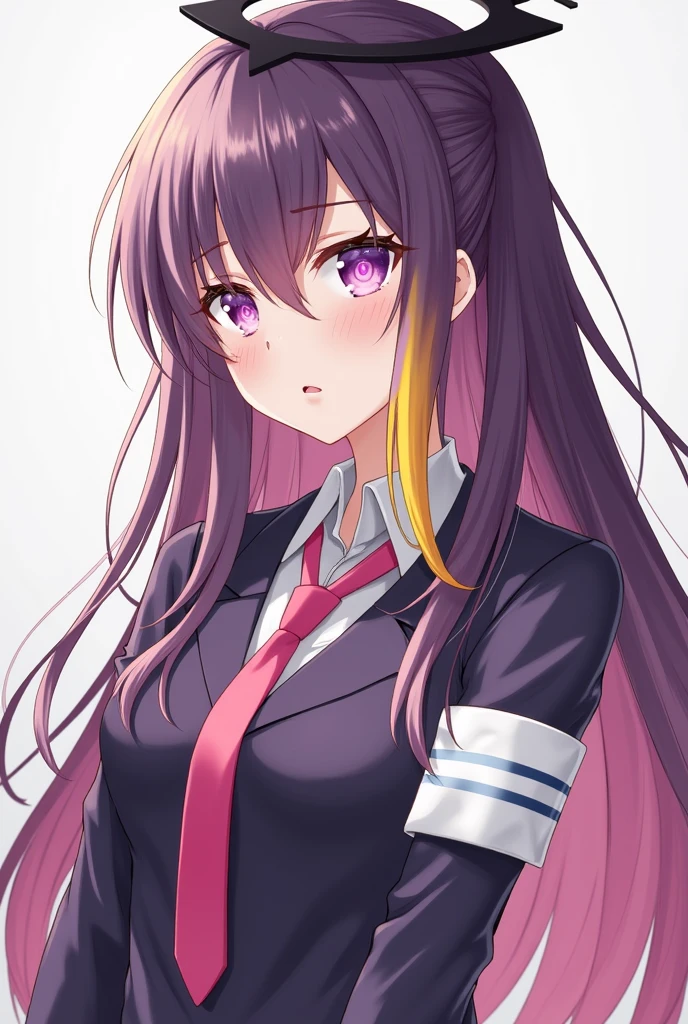 Potrait of long haired girl. Her bangs colours are purple, yellow and 1 pink strand hair. Her back hair colour is brown. She has a black halo. She wears dark purple jacket and pink tie. Her right sleeves is white and her left sleeves is black