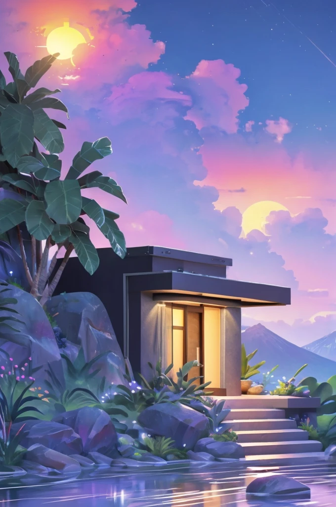 small and beautiful modern house in top of big boulders, terraces, pool, stairs, multiple cacti gardens, palms, trees, rocks, beautiful landscape design, mountains and volcano y background, amazing clouds, sun, moon, planets, milky way galaxy, concrete, wood, glass and steel materials, olive green, violet, orange and withe colors in facade