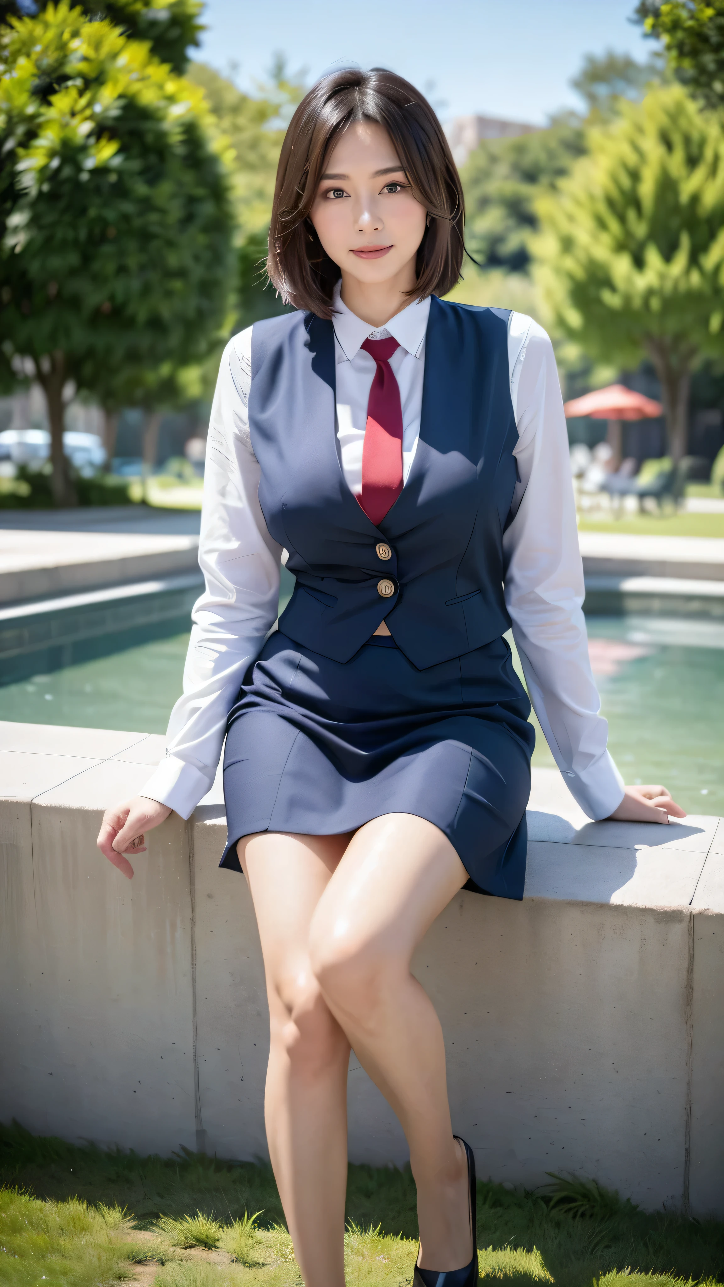 最high quality, In 8K, Masseter region, Vibrant, Sharp focus, high quality, High resolution, Detailed face, fine grain, Thick lips, (Looking at the audience), alone, Beautiful woman, 3, Japanese women, (Short black hair:1.4)、(Bob Hair:1.4), Very obscene huge cleavage, Lunch break、Large city park、Green Grass、In front of a big fountain、(sitting on a park bench:1.3)、(Full body photo:1)、(Japanese women)、(Mitsubishi Bank:1.8), (She is wearing a dark blue vest over a white blouse.:1.5), The vest has three gold buttons, (red, Blue and white ribbon tie:1.6)、(Ribbon tie at neck)、(Knee-length dark blue skirt)、(Black pumps:1.5)、(red lipstick:1)、(smile:1.6)、(Glamour body type)、(H cup breasts)