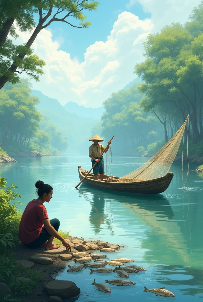 A man fishing with a net in a canoe and a woman extracting fish on the shore