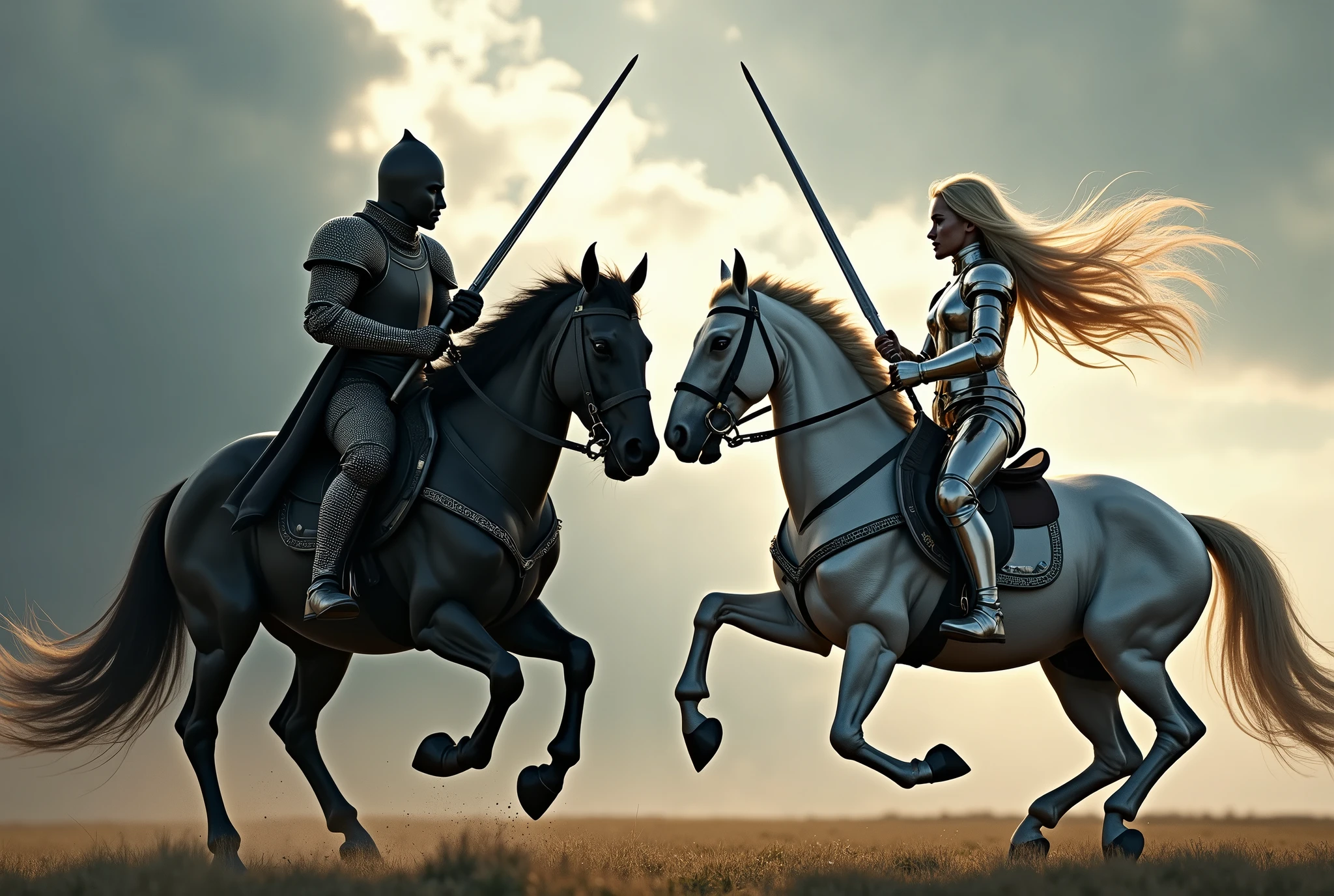 the knight in matte black armor charges his horse in a joust against the pure platinum blonde windy knight