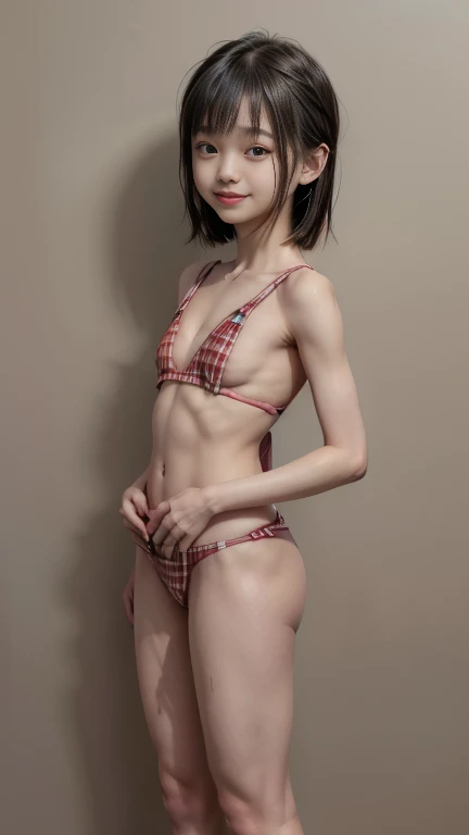 (((Two Japanese girls)))(((They are standing side by side)))((Flat Chest:1.8)),(Slender skinny body:1.7)、、Baby Face、 bodybuabletop, high quality, 32K Full HD, Realistic Face, Full body shot、Nipples are erect ,Brown Hair、Random hairstyle、Full body shot , Very cute and baby-like face, (((Flat Ch)), (Hotel Rooms), ((Looking at the camera and smiling)), (((Show off your beautiful thighs))), (((cute))),(She is wearing a red checked high-cut swimsuit.:1.5) , 小さなbodybuilder, (((Small face & head)))、
