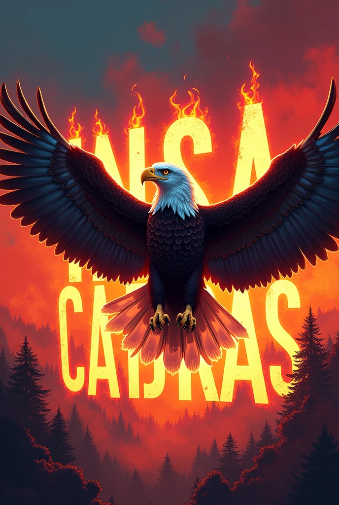 A bald eagle below with the letters INSA CACHIPORRAS in letters like fire in vibrant colors 