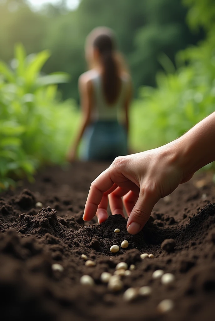 A woman with her back to a place with good soil for planting, with a close-up of the land where the woman is planting many seeds.