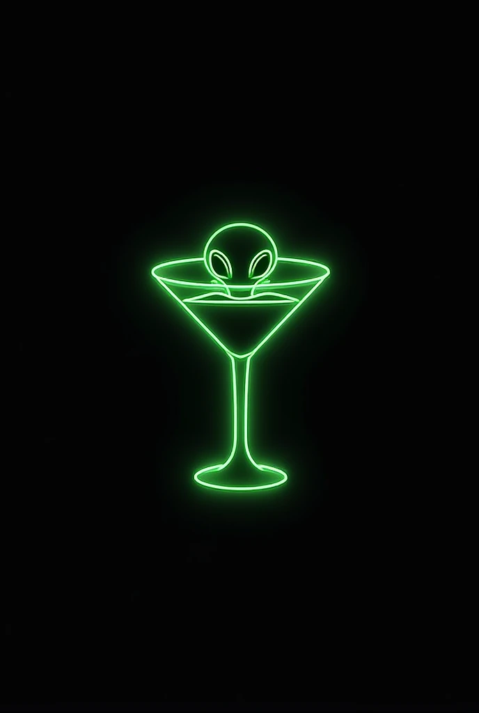 Logo for business , Text: "Alien Cktl ", Black background , neon green colors , alien chill inside spaceship shaped cocktail glass