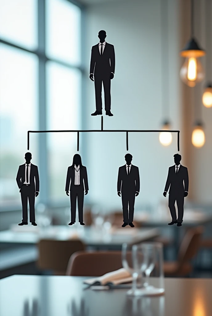 A hierarchical organizational chart. Add boss, supervisor, waiter and two waiters. Write them in the organizational chart