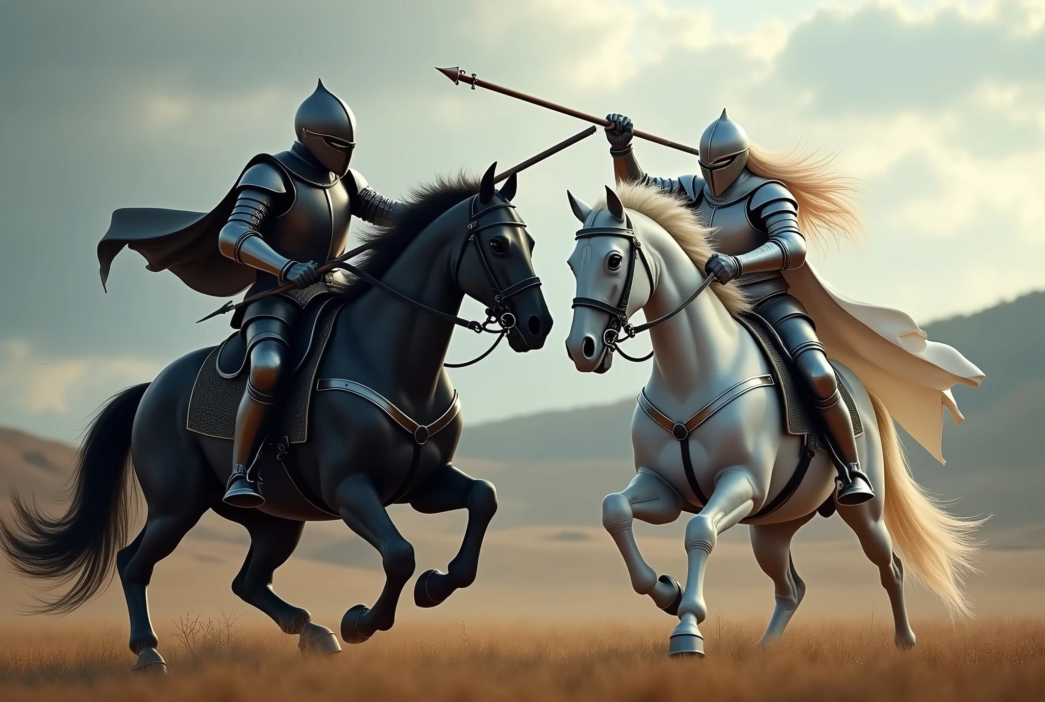 the knight in matte black armor charges his horse in a joust against the pure platinum blonde male windy knight, their pointed lances are sharp and dangerous