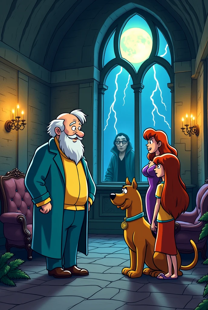 Fritz Perls, psychiatrist, a little chubby, bald with white hair only on the sides, white bearded, thick eyebrows, has some wrinkles. drawing version (in drawing style/animation "scooby doo"). He's with the Scooby Doo gang (scooby, The dog; velma, a woman who has short, dark hair with bangs, use your eyes, orange blouse and red skirt; sausage, skinny man, Red-Haired, wears a green shirt with brown pants and is a little hunchbacked; fred, Tall man, blond and slightly muscular, wears a blue and white shirt and blue denim pants; e daphne, beautfull woman, slender, redheadwear, who wears purple dresses with a green scarf) are in an abandoned castle, it's dark, there are only the lights of the chandeliers and the full moon coming in through the large windows. There is a lightning storm outside. inside the castle, Fritz Perls, velma, fred, dafhne and scooby talk and whisper in secret, while in the background, behind them, a vampire watches hidden behind the door