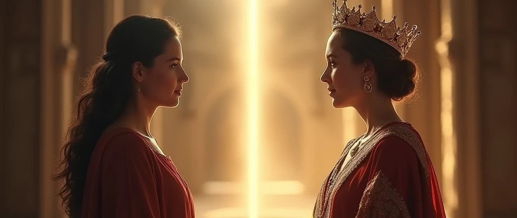 An image showing a woman in two distinct stages: On the left side, a simple and discreet young woman, representing Hadassah, in a darker or neutral environment. on the right side, the same woman, now transformed, with a crown and dressed like a queen, representing Esther, in a brilliant and majestic setting. in the middle of the image, a beam of light or a soft glow can symbolize transition and God'Her timing.