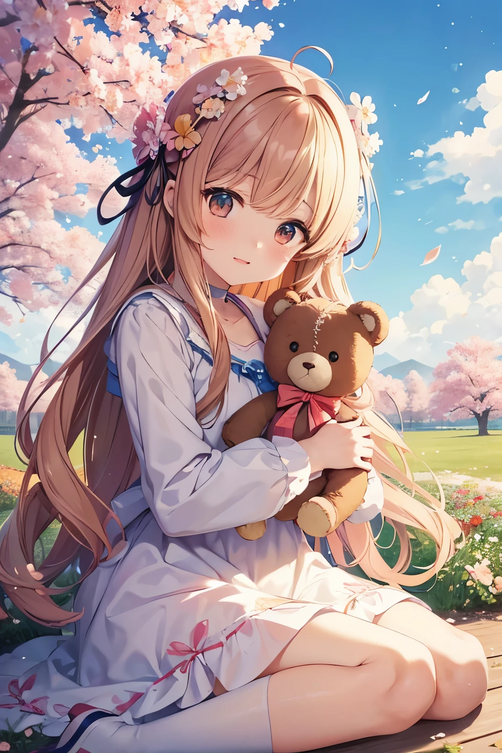 Holding a teddy bear、Anime girl with flowers in her hair, Written by Ayami Kojima, sayori, by Kamaguruka, Cute art style, Soft anime illustration, Cute girl anime visuals, season!! : 🌸 ☀ 🍂 ❄, Written by Nobuzada Yanagawa, Cute illustrations, by Eizan It's a gift, by Iwao Takamoto
