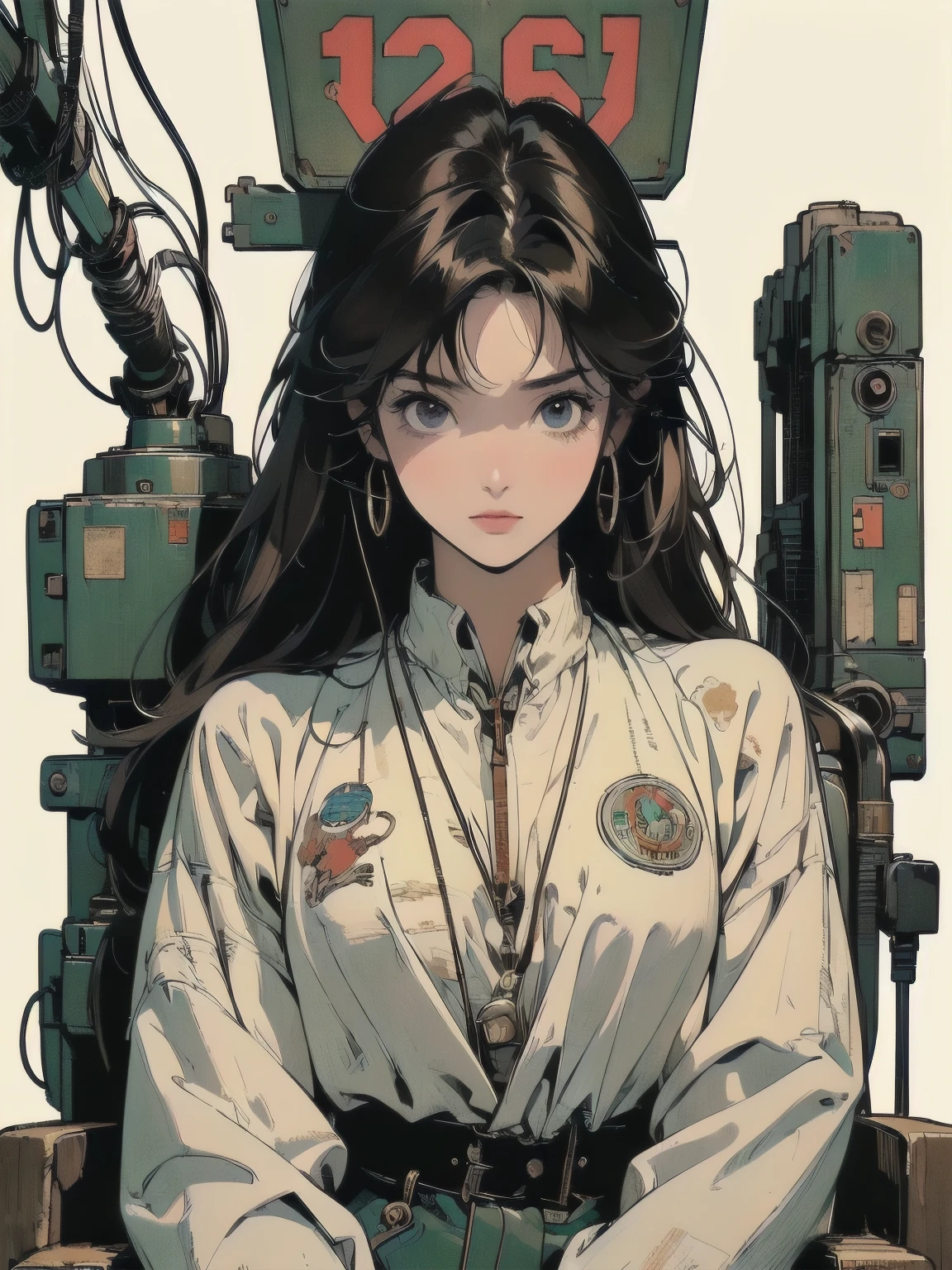 (((masterpiece, Highest quality)))、(((32K Wallpapers))), ultra high resolution, The most detailed black machine、((Outdated colorful machinery and a woman)))、The most detailed background、(((small Chest)))、(((Surrounded by many complex, sophisticated, Outdated machinery)))、((((Upper Body))))、 (one person:1.2), ((Dull colors))、A perfect Outdated machinery、(((Perfect Face)))、(((The most complete Outdated machinery)))、Detailed Hair、 (((Lots of cables)))、Close-up、(((Place your hands on the arms of the chair)))、(((複Dull colors雑で巨大なエンジン)))、((White background only)))、(((signal machine)))、(((Sit on a long, vertically long mechanical chair)))、White space suit、(((Big overhead sign)))、(((Brown Hair)))、(((((Cable connected to a machine worn on the head)))))、(((Trigun,Perfect and beautiful face)))、(((mysterious)))