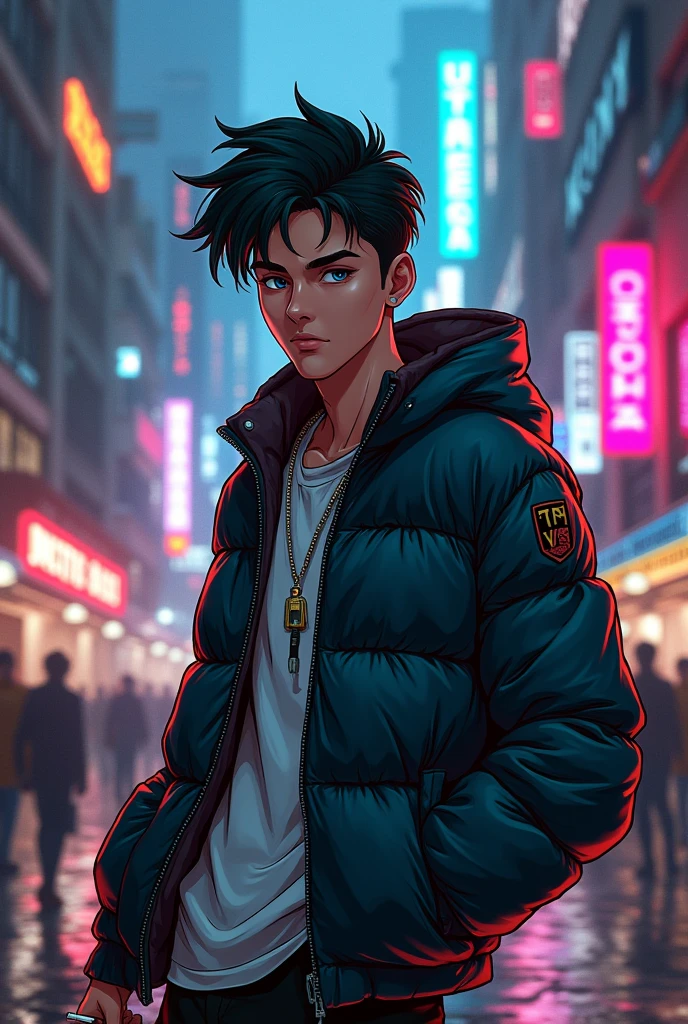 Male avatar brazil young adult, cyberpunk, first olive, smoking, anime vintage
