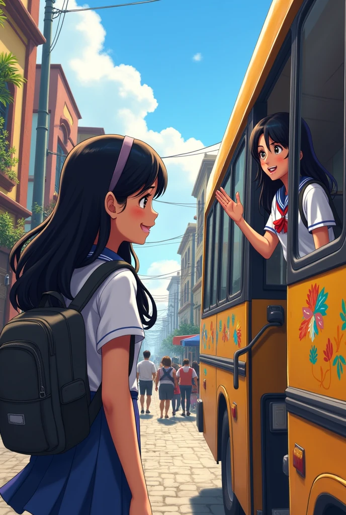 Young Peruvian female student getting off the bus and saying goodbye to the Peruvian student who is still sitting on the bus

