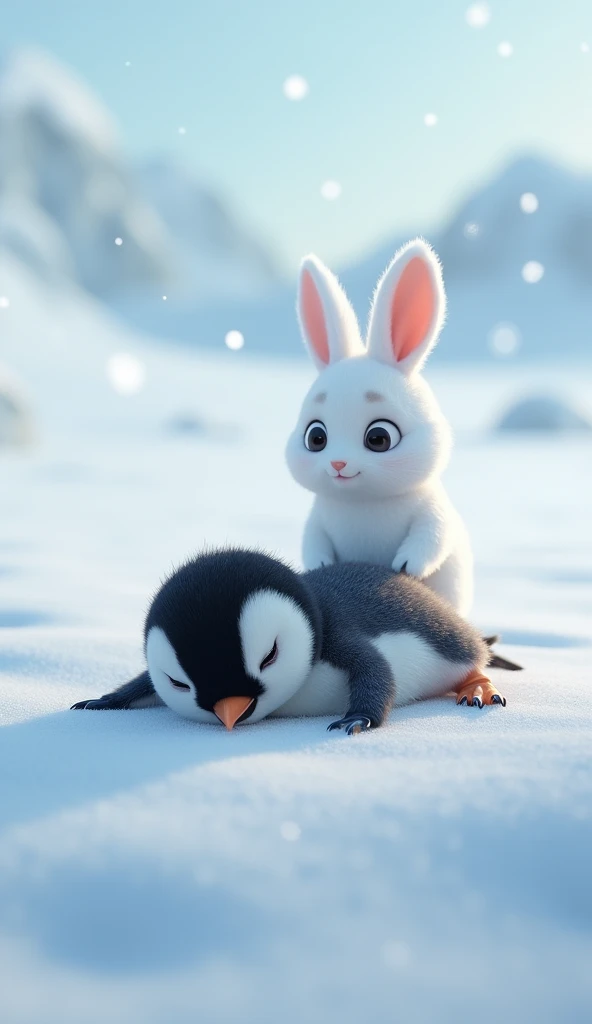 There is snow all around and snow is falling as well. A small penguin baby who is very innocent is lying on the snow. The penguin is also hurt. The penguin is unconscious. A small rabbit baby is standing behind the penguin and is looking at the rabbit in shock. The rabbit is white in colour. The rabbit has small ears. The rabbit's hair is like feathers. The penguin is smaller than the rabbit.image in 3d animation style