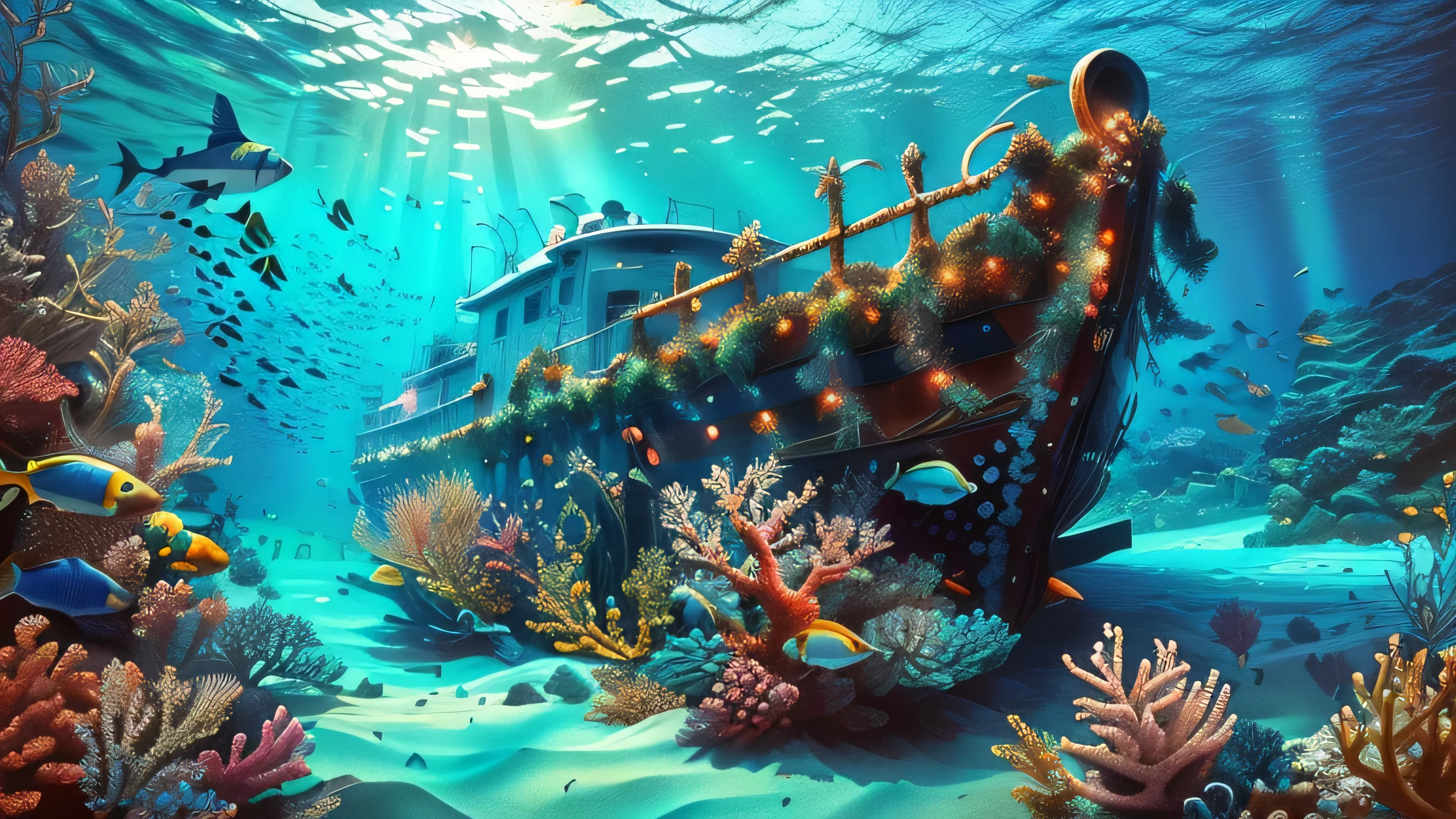 Há um navio que está undere água com muitos peixes, under&#39;water with corals and fish, underwater landscape, colorful Coral reef, Sunk ship, underwater scenery, Coral reef, ambiente submarino, incredible depth, tropical reef, underwater scene, shipwrecks, cinematic water scene closeup, shipwreck, 8k 4k, 8k 4k, deep underwater scene, underwater environment