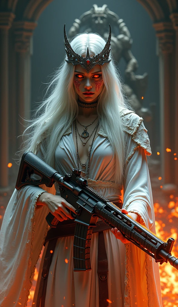 Create a hyper-realistic, dark fantasy scene featuring a fierce warrior queen with long, flowing white hair and glowing red eyes. Her skin is marked by molten-like scars that pulse with fiery energy, matching her intense gaze. Dressed in a tattered white garment and wearing a battered silver crown, she exudes a ghostly yet regal presence. In her hands, she wields a large, battle-worn rifle infused with molten lava, glowing ominously as if it’s an extension of her being. The background is dark and foreboding, with hints of an ancient, crumbling throne behind her, enhancing the atmosphere of a fallen monarch. The lighting is dramatic, with shadows and the glow from her eyes and scars casting an apocalyptic mood, portraying her as a powerful and resilient figure, scarred by battle and driven by infernal forces.