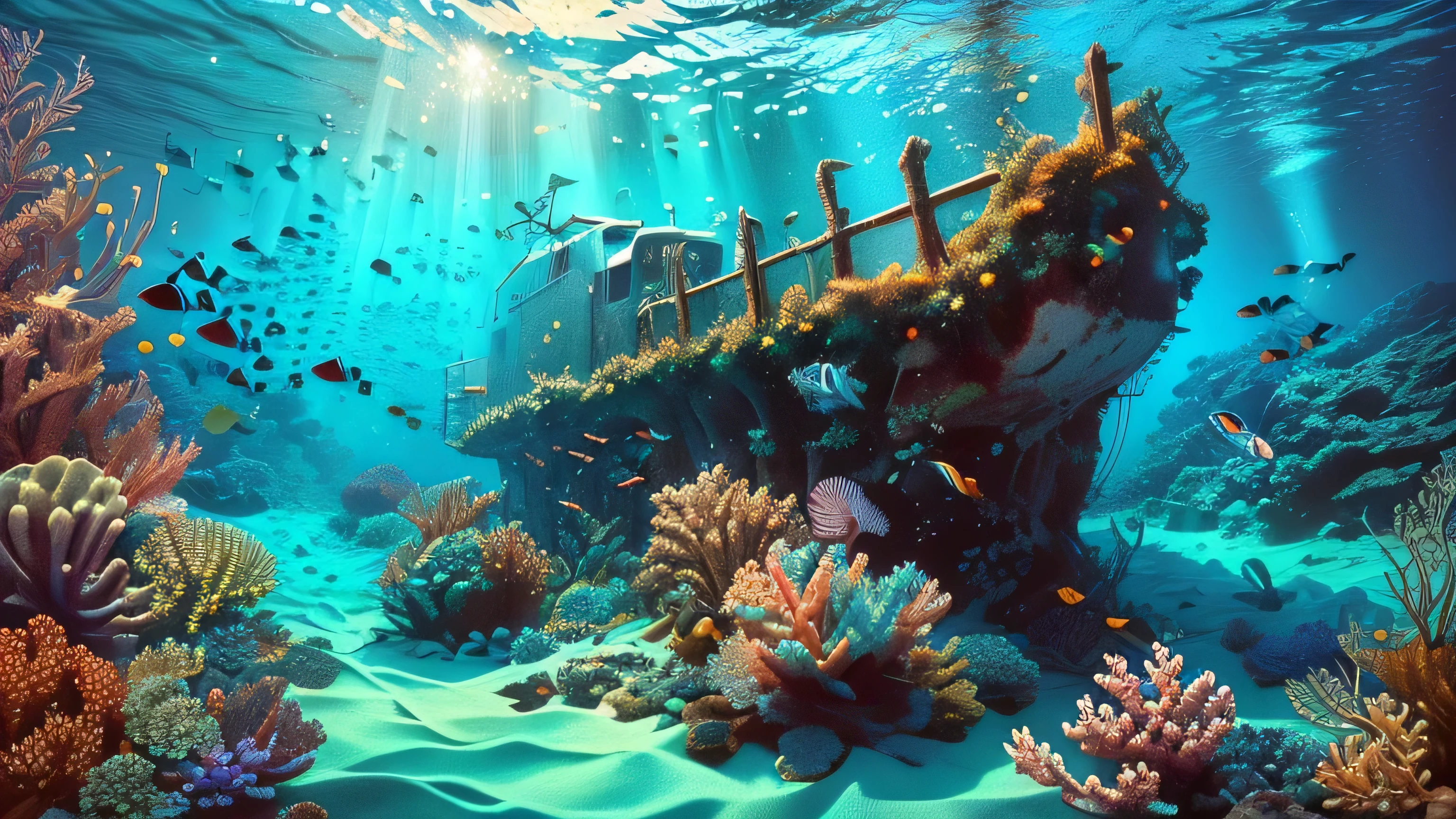 Há um navio que está undere água com muitos peixes, under&#39;water with corals and fish, underwater landscape, colorful Coral reef, Sunk ship, underwater scenery, Coral reef, ambiente submarino, incredible depth, tropical reef, underwater scene, shipwrecks, cinematic water scene closeup, shipwreck, 8k 4k, 8k 4k, deep underwater scene, underwater environment