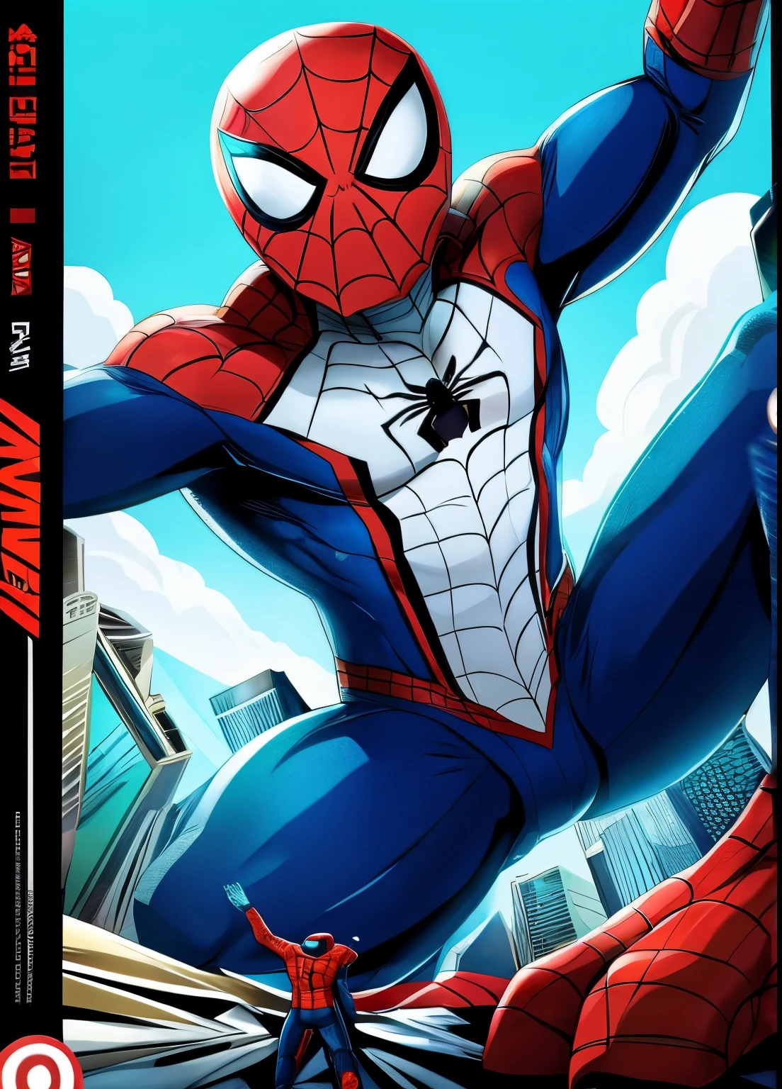 spider man with but in all white suit with bright turquoise eyes in comic book style art, macro
