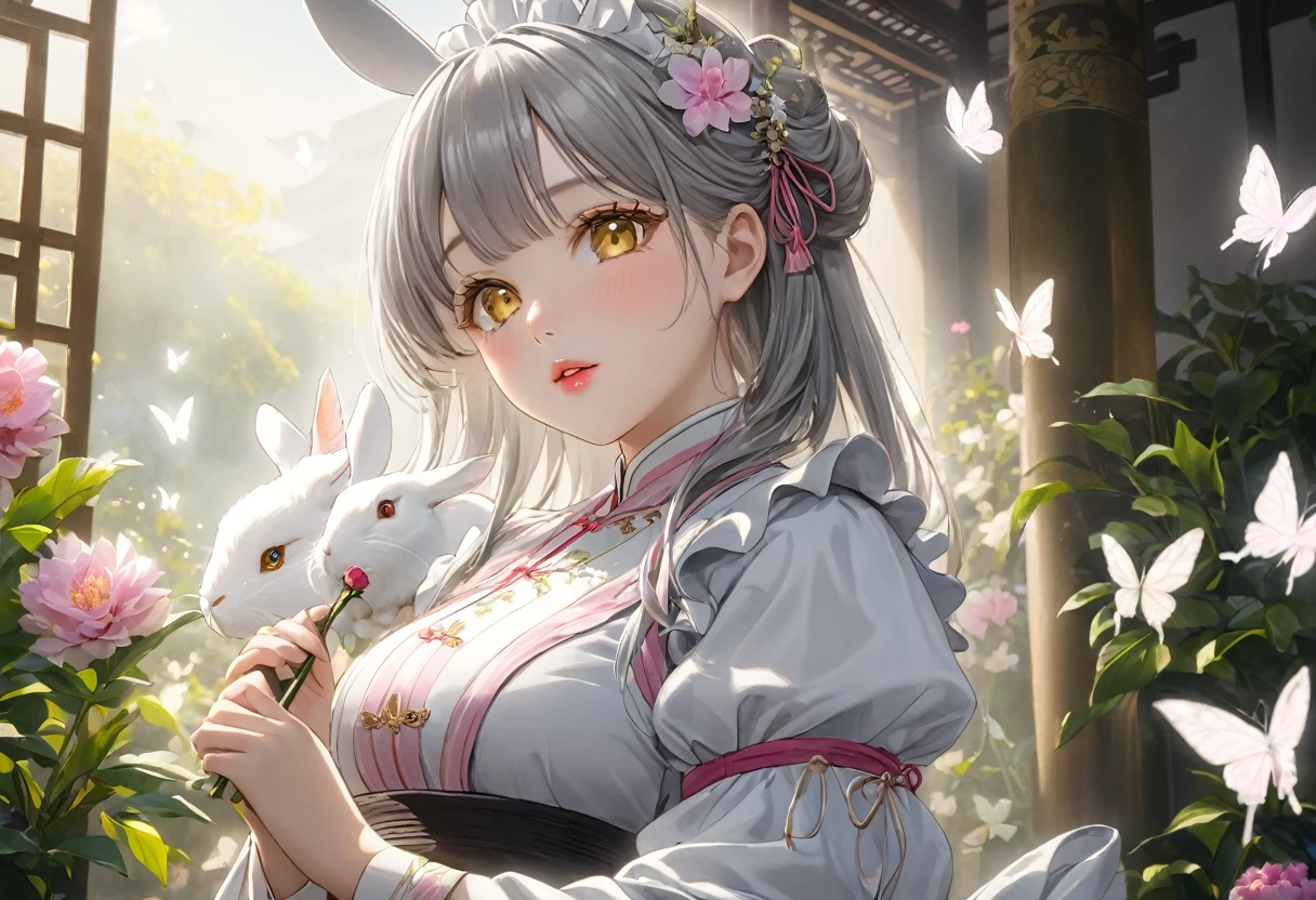 details, realism, 4K, a ,Wearing an ancient Chinese-style maid outfit, detailsใบหน้า, Large yellow eyes, plump lips, Upturned nose, Gray hair with pink stripes, in white dress, With a rabbit in hand, Flowers in the background, A white butterfly is in the foreground., Realistic shooting, depth of field, Weak headlights, glow, HDR (muted colors: 1.2), Canon RF 100mm. F2.8L Macro IS USM