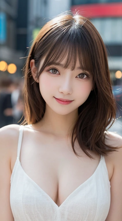 masutepiece, Best Quality, Illustration, Ultra-detailed, finely detail, hight resolution, 8K Wallpaper, Perfect dynamic composition, Beautiful detailed eyes, Women's Fashion Summer,Medium Hair,Small breasts natural color lip, Bold sexy poses,Smile,Harajuku、20 years girl、Cute、Sexy shot looking at camera