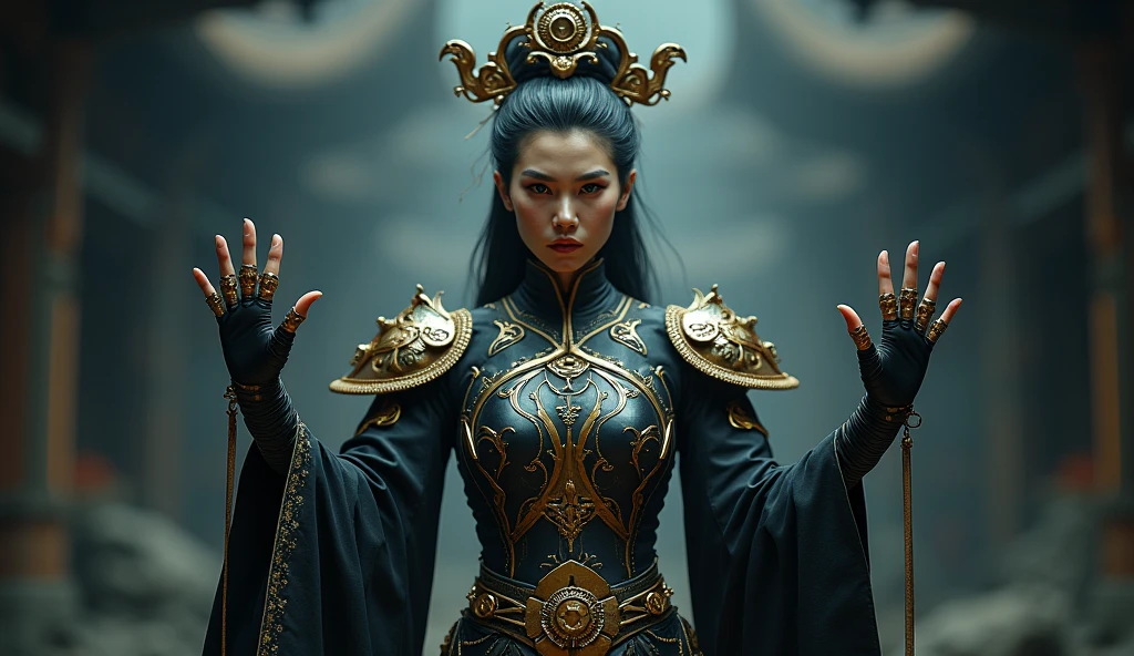 Alien technology martial arts costumes, fashion photography,gold clothing , Dim lighting,gloomy,Photorealistic,Create tension、Sinister atmosphere。Swords,The viewing angle is from above,Emphasizes the absolute majesty and power of the female emperor。5 fingers,Inspired by Chinese Xianxia and Cyberpunk。(best quality,4K,8K,high resolution,masterpiece:1.2), (Practical,Reality,Photo-real:1.37). information,