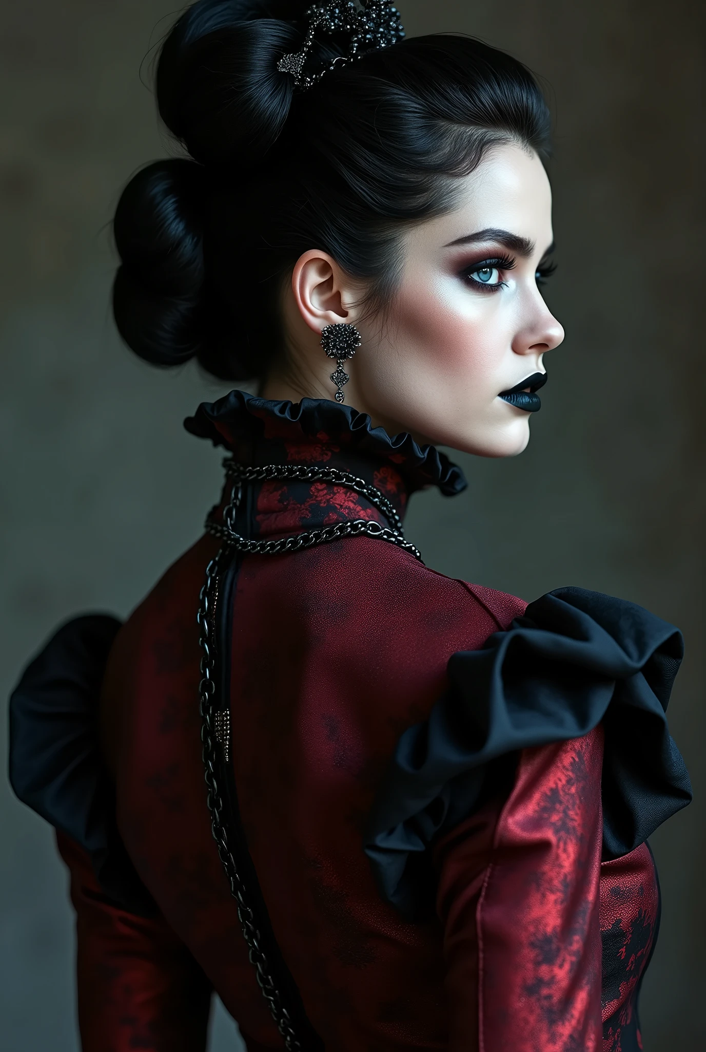 ((photograph)), black hair updo goth girl, blackout eyeshadow, 30 year elegant woman, pale skin, high collar renaissance maroon black chinoiserie dress, black lips, chains, bright blue eyes, normal buxom lass, from behind, rear view