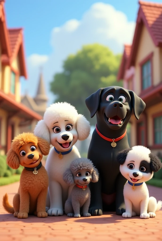 Pixar cartoon of six dogs: 1 black labrador , 1 poddle blanco, 1 poodle gris, 1 mini poodle gris, 1 white poodle with black and 1 white poodle with a black spot on the eye