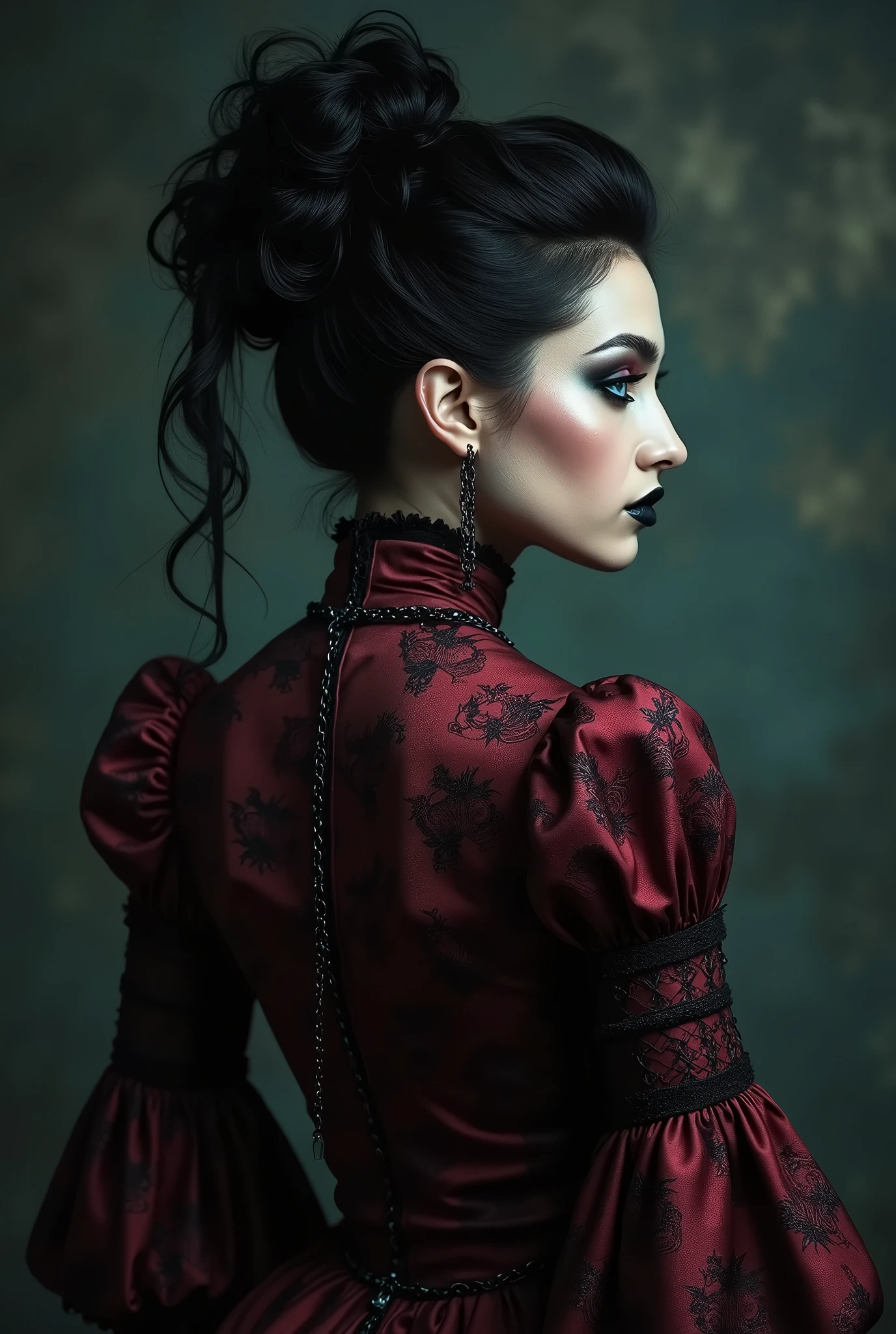 ((photograph)), black hair updo goth girl, blackout eyeshadow, 30 year elegant woman, pale skin, high collar renaissance maroon black chinoiserie dress, black lips, chains, bright blue eyes, normal buxom lass, from behind, rear view