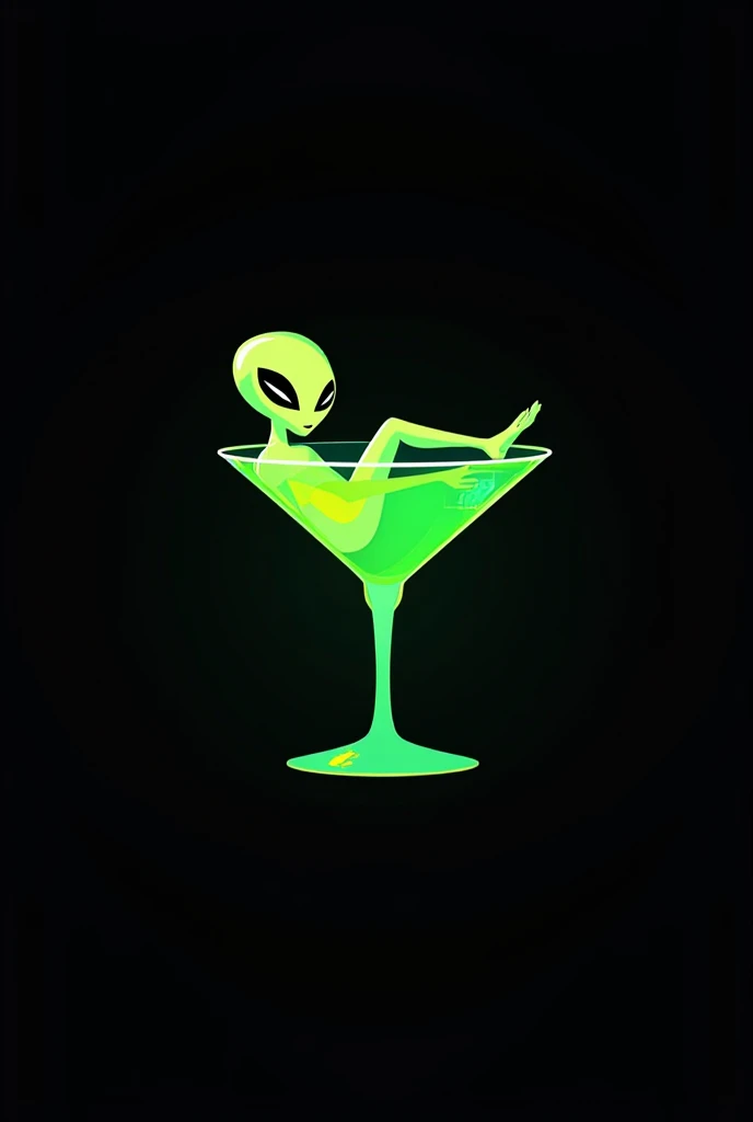 Logo for business text "Alien Cktl ", Black background , neon green colors , alien chill inside spaceship shaped cocktail glass